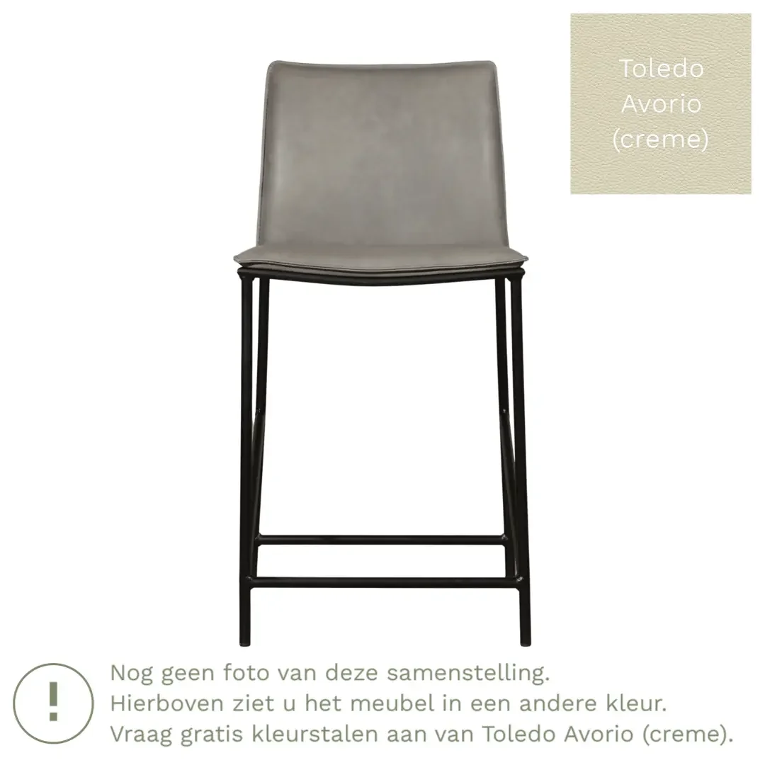 afbeelding van Leren barkruk laag Favor - Toledo Avorio (creme) - poten staal rond zwart